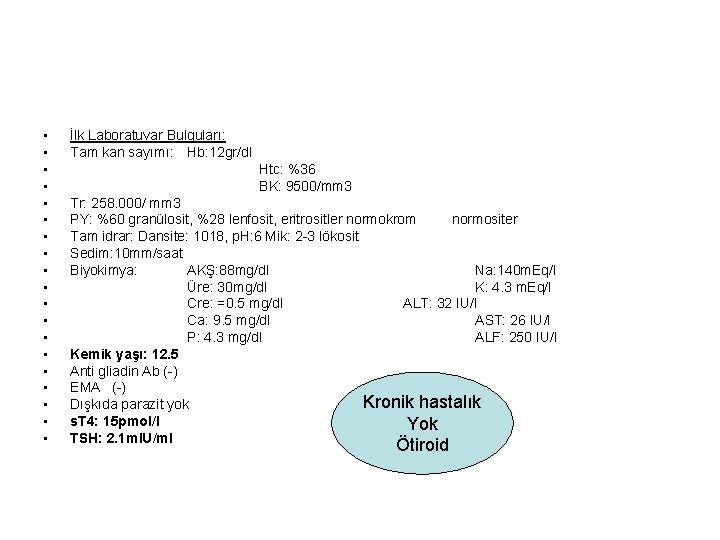  • • • • • İlk Laboratuvar Bulguları: Tam kan sayımı: Hb: 12