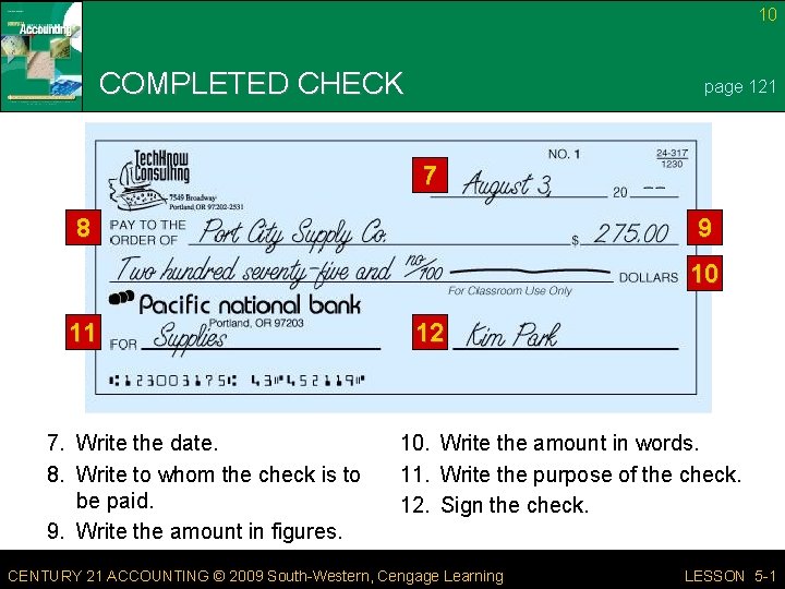 10 COMPLETED CHECK page 121 7 8 9 10 11 7. Write the date.