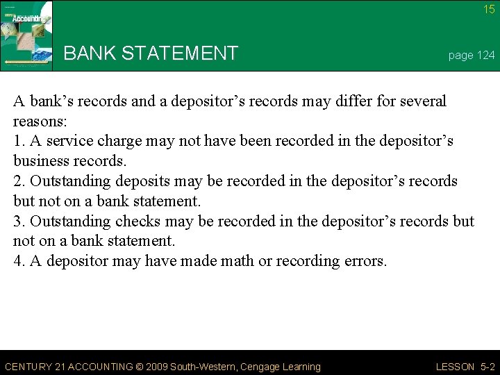 15 BANK STATEMENT page 124 A bank’s records and a depositor’s records may differ