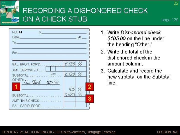 22 RECORDING A DISHONORED CHECK ON A CHECK STUB 1 2 page 129 1.