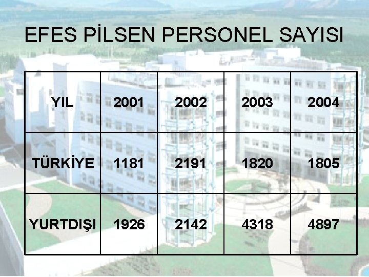 EFES PİLSEN PERSONEL SAYISI YIL 2001 2002 2003 2004 TÜRKİYE 1181 2191 1820 1805