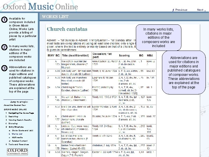 ƒ Previous 1 Available for composers included in Grove Music Online, Works Lists provide