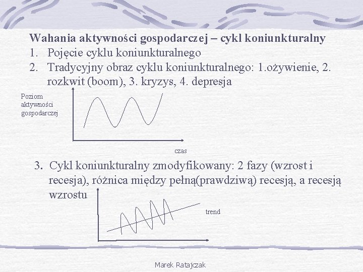 Wahania aktywności gospodarczej – cykl koniunkturalny 1. Pojęcie cyklu koniunkturalnego 2. Tradycyjny obraz cyklu