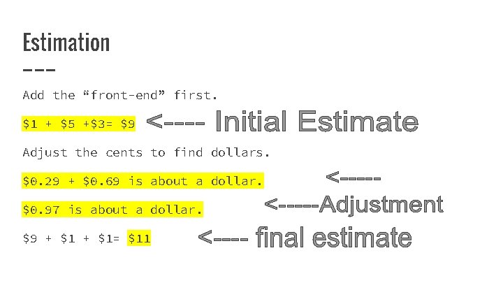 Estimation Add the “front-end” first. $1 + $5 +$3= $9 Adjust the cents to