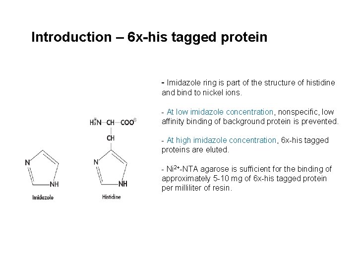  Introduction – 6 x-his tagged protein - Imidazole ring is part of the