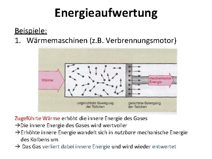 Energieaufwertung Beispiele: 1. Wärmemaschinen (z. B. Verbrennungsmotor) Zugeführte Wärme erhöht die innere Energie des