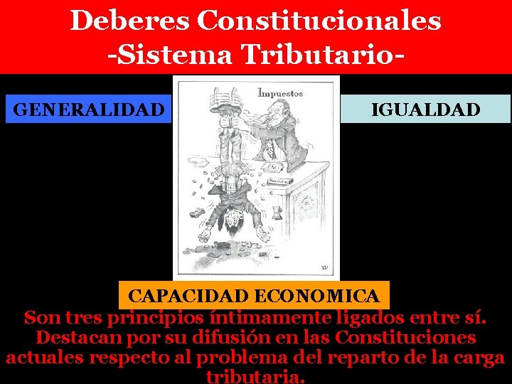 Deberes Constitucionales -Sistema Tributario. GENERALIDAD IGUALDAD CAPACIDAD ECONOMICA Son tres principios íntimamente ligados entre