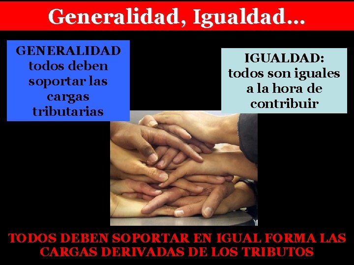 Generalidad, Igualdad… - Son tres principios íntimamente ligados entre sí. Destacan por GENERALIDAD su