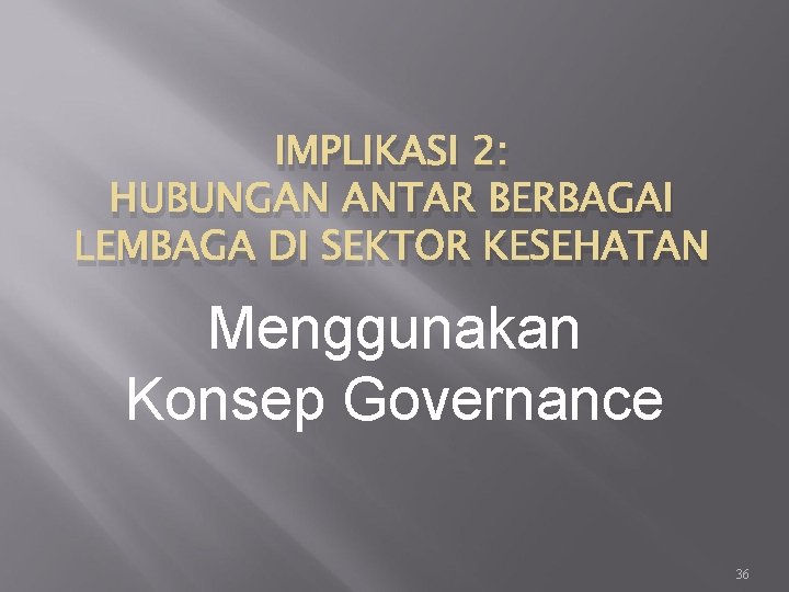 IMPLIKASI 2: HUBUNGAN ANTAR BERBAGAI LEMBAGA DI SEKTOR KESEHATAN Menggunakan Konsep Governance 36 