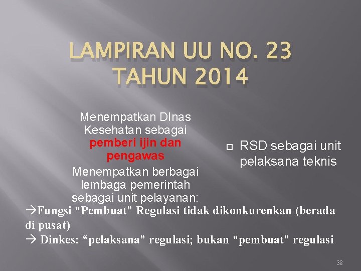 LAMPIRAN UU NO. 23 TAHUN 2014 Menempatkan DInas Kesehatan sebagai pemberi ijin dan o