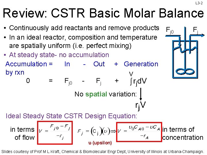 L 3 -2 Review: CSTR Basic Molar Balance • Continuously add reactants and remove