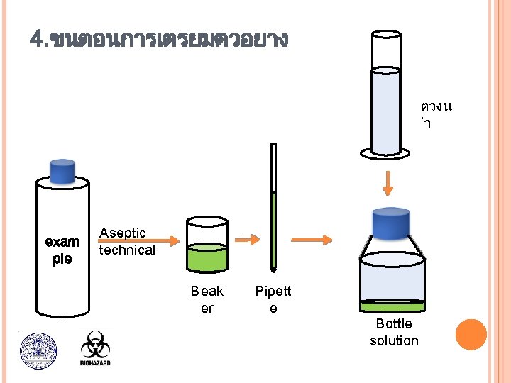 4. ขนตอนการเตรยมตวอยาง ตวงน ำ exam ple Aseptic technical Beak er Pipett e Bottle solution