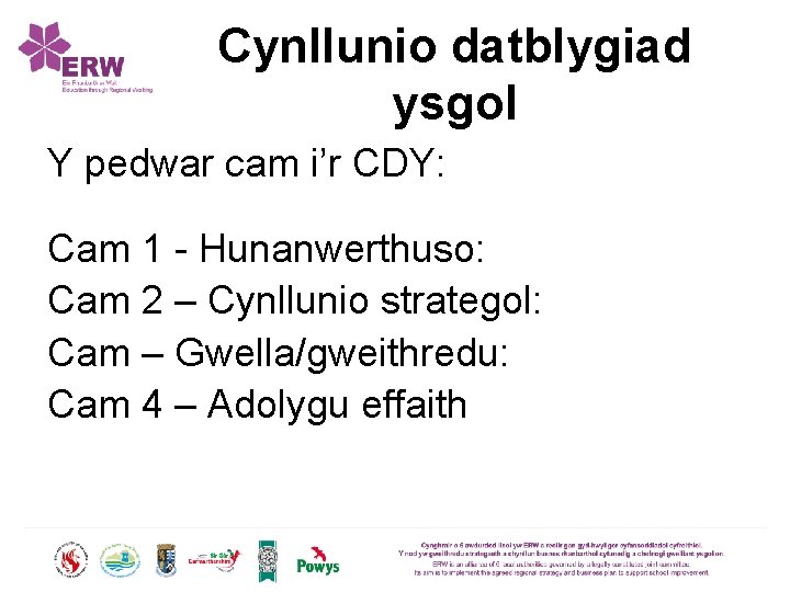 Cynllunio datblygiad ysgol Y pedwar cam i’r CDY: Cam 1 - Hunanwerthuso: Cam 2