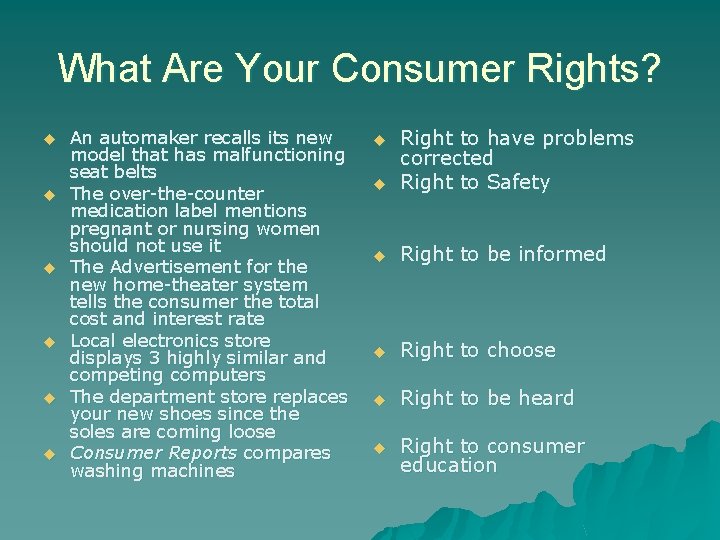 What Are Your Consumer Rights? u u u An automaker recalls its new model
