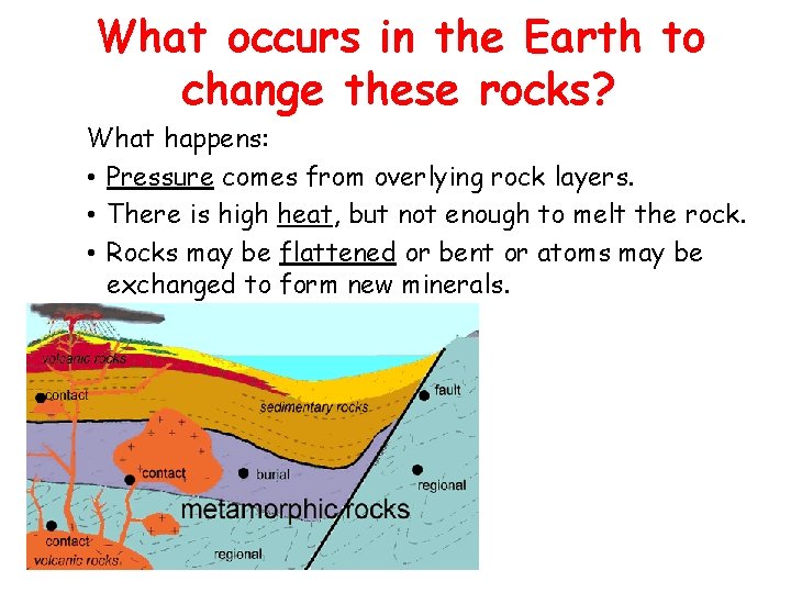 What occurs in the Earth to change these rocks? What happens: • Pressure comes