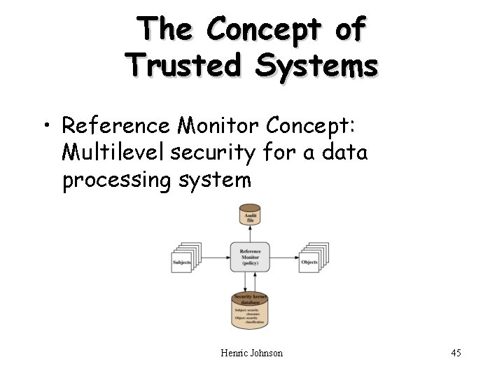 The Concept of Trusted Systems • Reference Monitor Concept: Multilevel security for a data