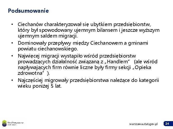 Podsumowanie • Ciechanów charakteryzował się ubytkiem przedsiębiorstw, który był spowodowany ujemnym bilansem i jeszcze