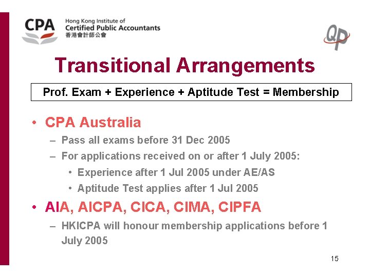 Transitional Arrangements Prof. Exam + Experience + Aptitude Test = Membership • CPA Australia