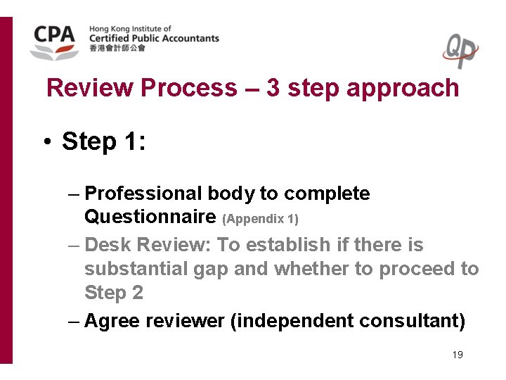 Review Process – 3 step approach • Step 1: – Professional body to complete