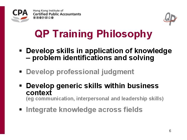 QP Training Philosophy § Develop skills in application of knowledge – problem identifications and