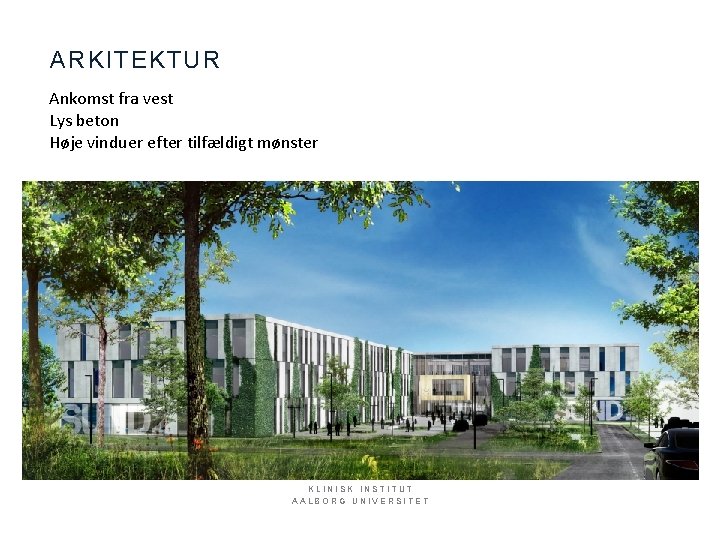 ARKITEKTUR Ankomst fra vest Lys beton Høje vinduer efter tilfældigt mønster KLINISK INSTITUT AALBORG