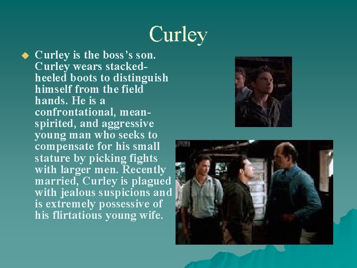 Curley u Curley is the boss’s son. Curley wears stackedheeled boots to distinguish himself