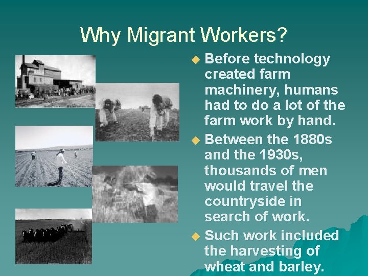 Why Migrant Workers? Before technology created farm machinery, humans had to do a lot