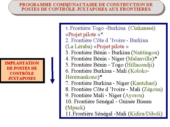 PROGRAMME COMMUNAUTAIRE DE CONSTRUCTION DE POSTES DE CONTRÔLE JUXTAPOSES AUX FRONTIERES 1. Frontière Togo
