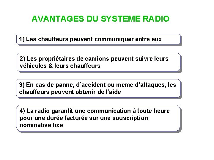 AVANTAGES DU SYSTEME RADIO 1) Les chauffeurs peuvent communiquer entre eux 2) Les propriétaires