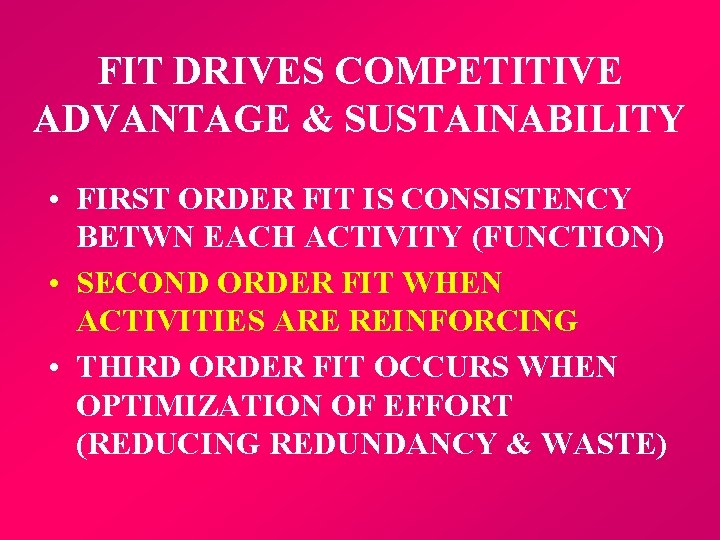 FIT DRIVES COMPETITIVE ADVANTAGE & SUSTAINABILITY • FIRST ORDER FIT IS CONSISTENCY BETWN EACH