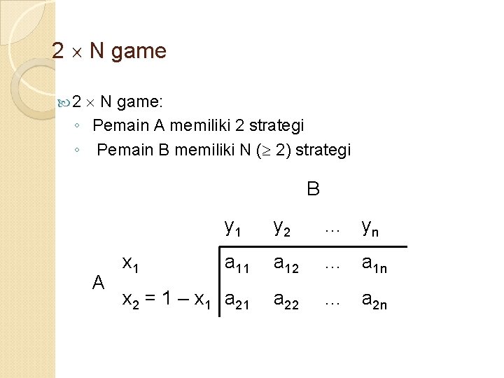 2 N game 2 N game: ◦ Pemain A memiliki 2 strategi ◦ Pemain