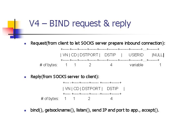 V 4 – BIND request & reply n Request(from client to let SOCKS server
