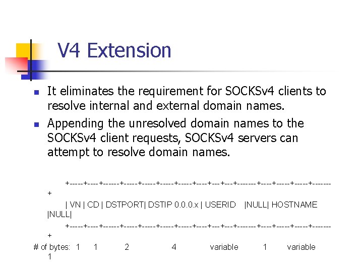 V 4 Extension n n It eliminates the requirement for SOCKSv 4 clients to