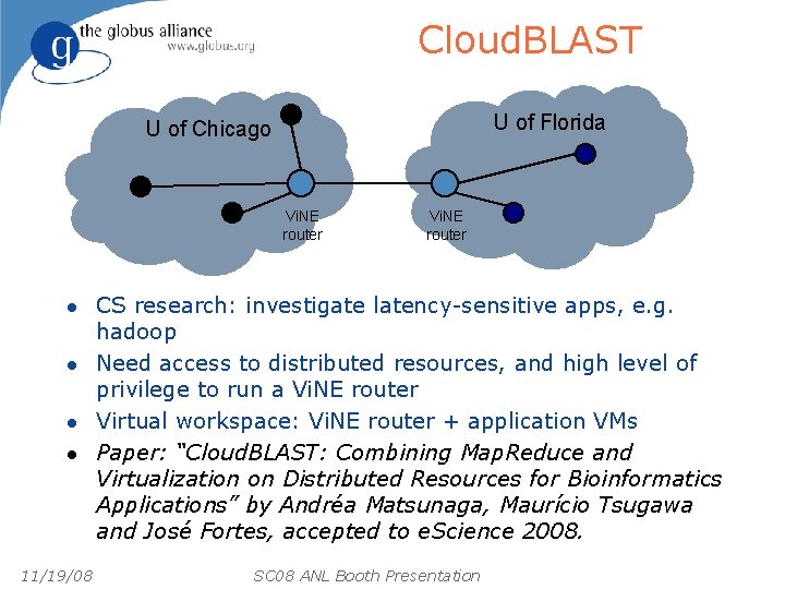 Cloud. BLAST U of Florida U of Chicago Vi. NE router l l 11/19/08