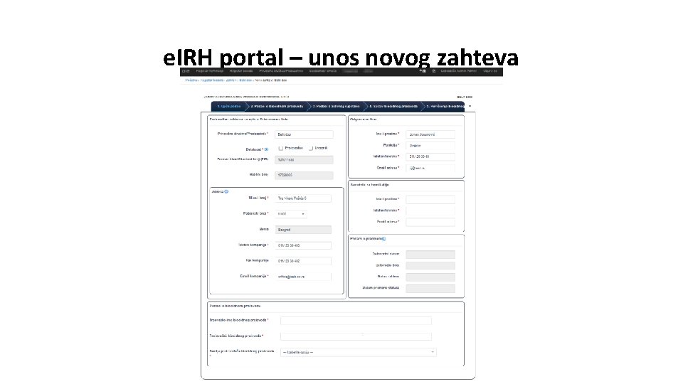 e. IRH portal – unos novog zahteva e. IRH portal – unos novog zahteva
