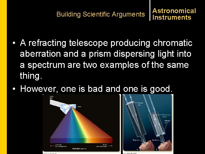Building Scientific Arguments Astronomical Instruments • A refracting telescope producing chromatic aberration and a