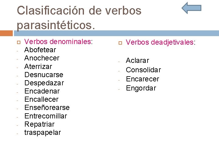 Clasificación de verbos parasintéticos. - Verbos denominales: Abofetear Anochecer Aterrizar Desnucarse Despedazar Encadenar Encallecer