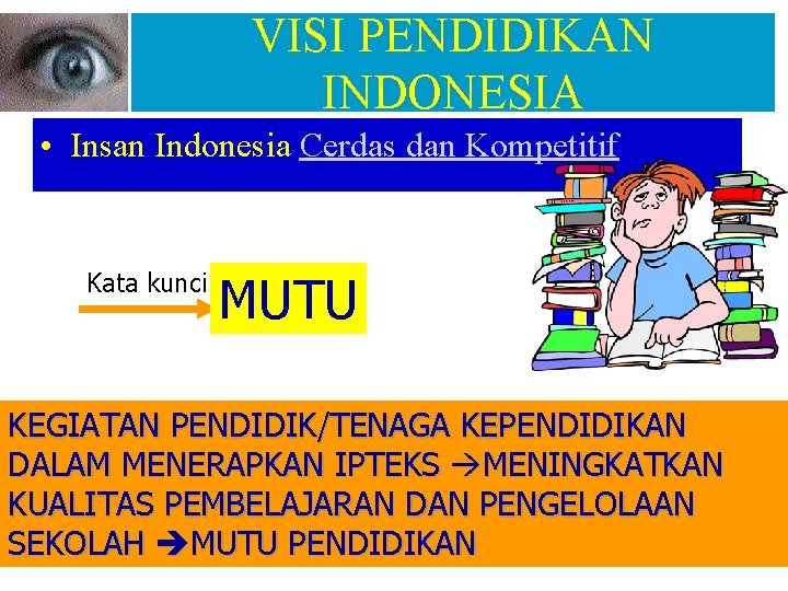 VISI PENDIDIKAN INDONESIA • Insan Indonesia Cerdas dan Kompetitif Kata kunci MUTU KEGIATAN PENDIDIK/TENAGA