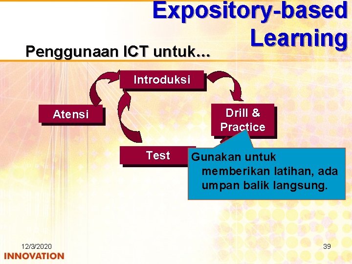 Expository-based Learning Penggunaan ICT untuk… Introduksi Drill & Practice Atensi Test 12/3/2020 Gunakan untuk