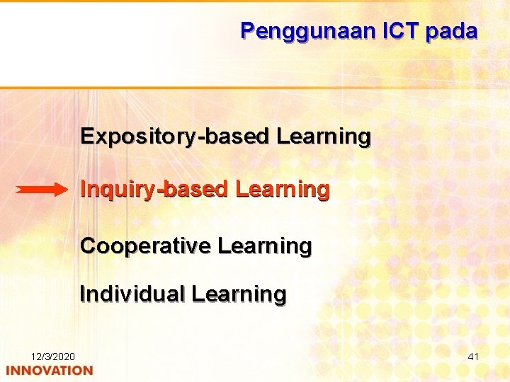 Penggunaan ICT pada Expository-based Learning Inquiry-based Learning Cooperative Learning Individual Learning 12/3/2020 41 