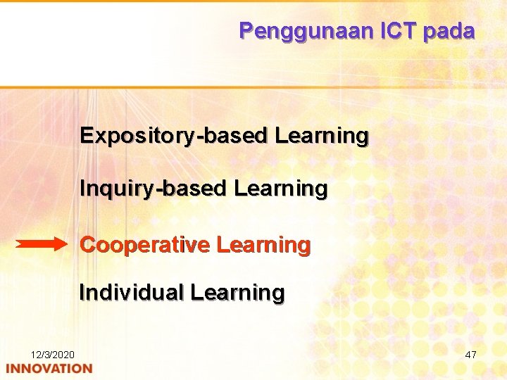 Penggunaan ICT pada Expository-based Learning Inquiry-based Learning Cooperative Learning Individual Learning 12/3/2020 47 