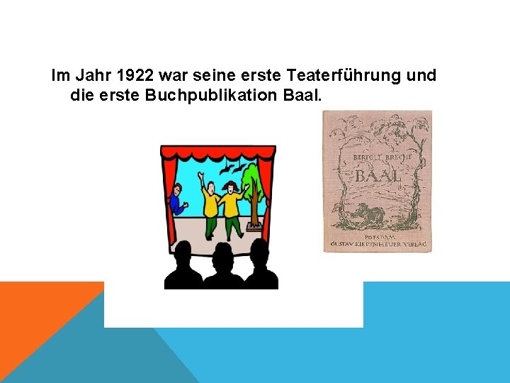 Im Jahr 1922 war seine erste Teaterführung und die erste Buchpublikation Baal. 