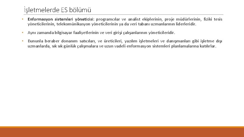 İşletmelerde ES bölümü • Enformasyon sistemleri yöneticisi: programcılar ve analist ekiplerinin, proje müdürlerinin, fiziki
