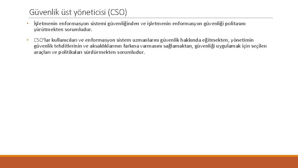 Güvenlik üst yöneticisi (CSO) • İşletmenin enformasyon sistemi güvenliğinden ve işletmenin enformasyon güvenliği politasını