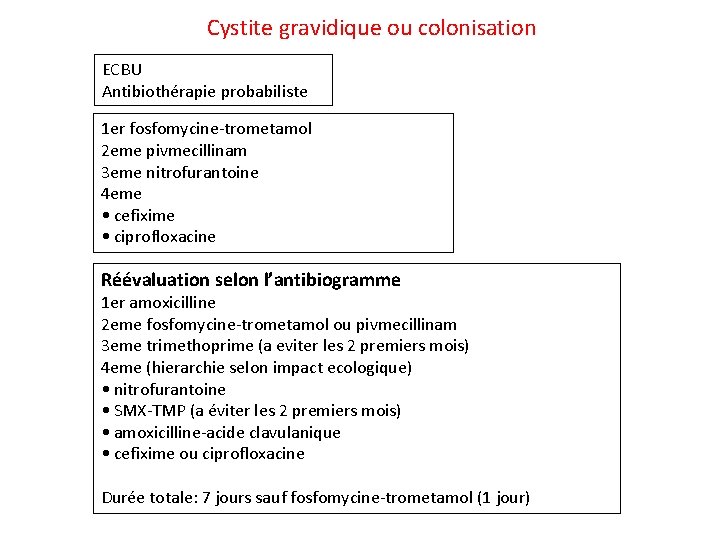 Cystite gravidique ou colonisation ECBU Antibiothérapie probabiliste 1 er fosfomycine-trometamol 2 eme pivmecillinam 3