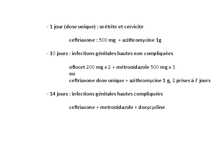 - 1 jour (dose unique) : urétrite et cervicite ceftriaxone : 500 mg +