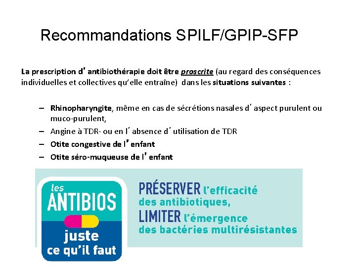 Recommandations SPILF/GPIP-SFP La prescription d’antibiothérapie doit être proscrite (au regard des conséquences individuelles et