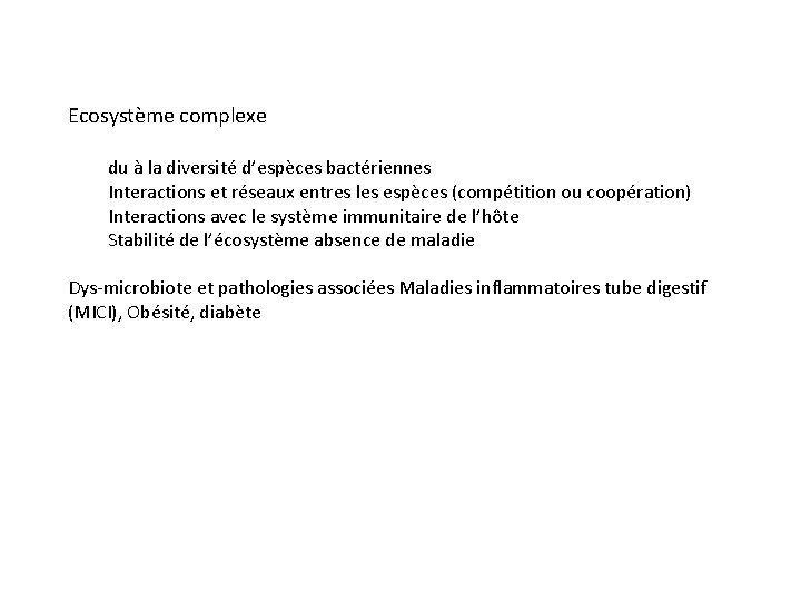 Ecosystème complexe du à la diversité d’espèces bactériennes Interactions et réseaux entres les espèces