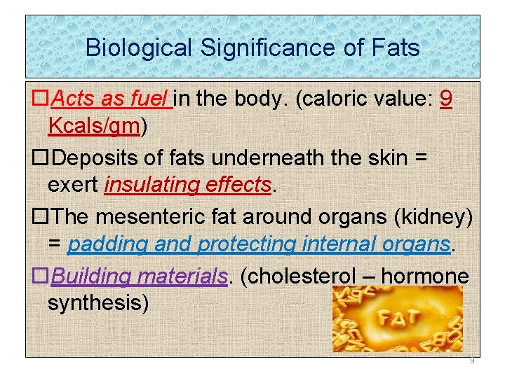 Biological Significance of Fats Acts as fuel in the body. (caloric value: 9 Kcals/gm)