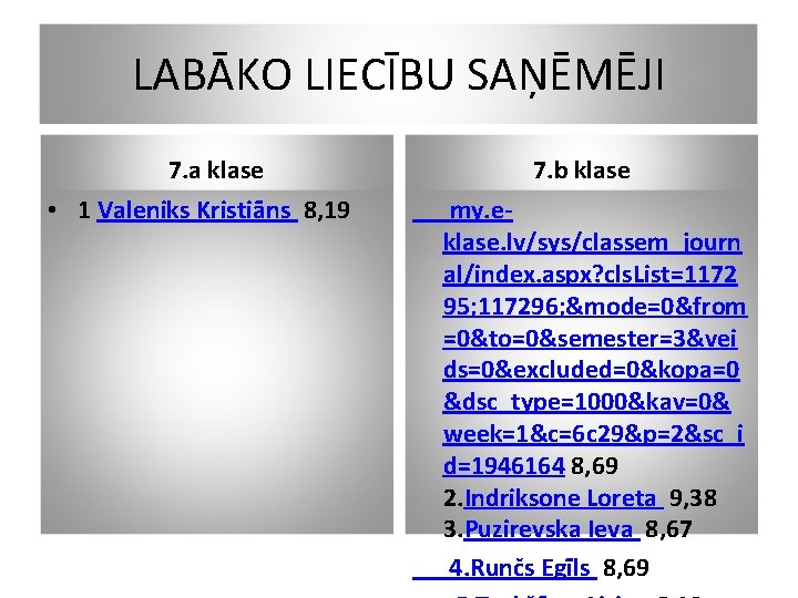 LABĀKO LIECĪBU SAŅĒMĒJI 7. a klase • 1 Valeniks Kristiāns 8, 19 7. b